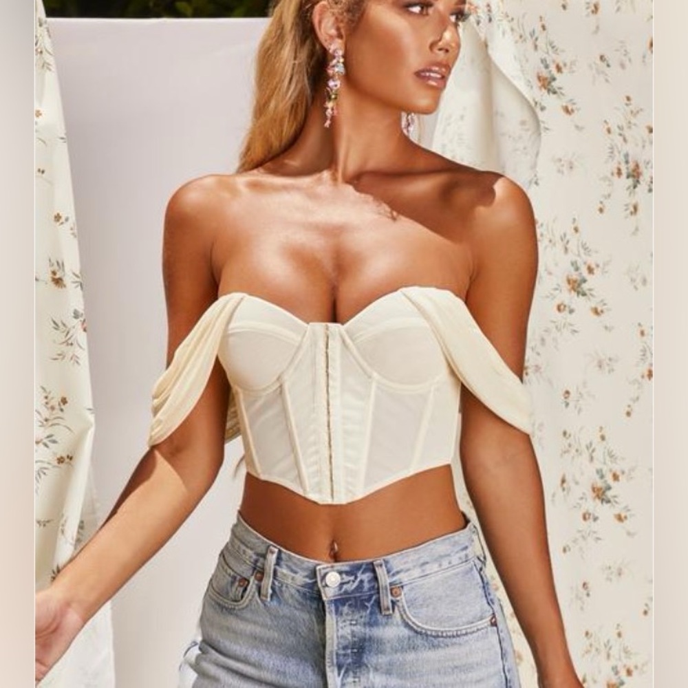 Runway Bardot Mesh Corset Crop Top In Ivory Oh Polly